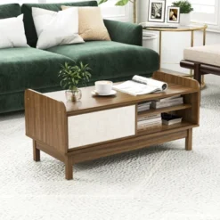 Costway Coffee Table Mid Century Modern Coffee Table With Storage Weaving Rattan Sliding Doors Adjustable Shelf