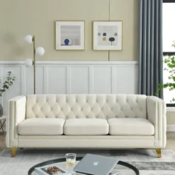 Velvet Sofa For Living Room,Buttons Tufted Square Arm Couch, Modern Couch Upholstered Button And Metal Legs, Sofa Couch For Bedroom -Baxton Studio Shop GUEST f2dd2915 606f 4ef7 828a e66555520766