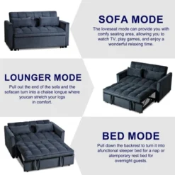 Velvet 3-in-1 Convertible Sleeper Sofa Bed, Pull-Out Loveseat Futon With Adjustable Backrest, Side Pockets And Solid Wood Frame For Living Room