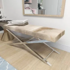 Contemporary Stainless Steel Cowhide X-Bench Beige - Olivia & May -Baxton Studio Shop GUEST f380cae9 a404 4c7c 9b93 e15238cf09a4