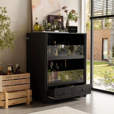 Famapy Black Wine Cabinet With A Two - Layer Semi - Open Structure. 1 Famapy Black Wine Cabinet With A Two - Layer Semi - Open Structure.