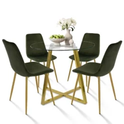 Hana + Bingo 5-Piece Round Clear Glass Dining Table Set With 4 Upholstered Chairs Gold Legs - The Pop Maison