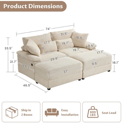 74"W Sectional Sofa Couch With Reversible Ottoman, Soft Corduroy Fabric Loveseat With Storage Ottomans & USB Port - ModernLuxe 3 74"W Sectional Sofa Couch With Reversible Ottoman, Soft Corduroy Fabric Loveseat With Storage Ottomans & USB Port - ModernLuxe - Image 3
