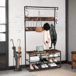Entryway Storage Bench, 3-Tier Industrial Shoe Rack With 5 Coat Hooks, Rustic Wood Style Hall Tree For Home/Closet Organization -Baxton Studio Shop GUEST f5b41517 6255 4ab5 be2b d45fc84b41a2