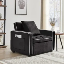 Modern Black Three-in-one Sofa Bed Chair, Folding Design, Adjustable Back, Converts To Recliner Or Single Bed For Adults