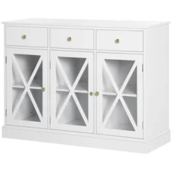 HOMCOM 45" Farmhouse Style Kitchen Sideboard, Serving Buffet Cabinet, Storage Cupboard With Glass Doors And 3 Drawers, White -Baxton Studio Shop GUEST f6116e70 a051 41e8 9620 be03f93ca455