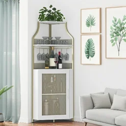 Homfan 5-Tier Corner Bar Cabinet With Lights, Adjustable Shelves & Glass Doors - Home Liquor Wine Display -Baxton Studio Shop GUEST f65077d6 c0f8 486e 950d 2c36ff550441