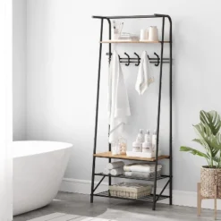 Coat Rack Shoe Bench With Double Row 8 Hooks, 3-Tier Shelf Entryway Hall Tree With Storage, Metal Frame Multifunctional Hallway Organizer, Hallway