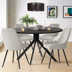 43'' Jones Solid Black Grain Round Dining Table With 4 Upholstered Fabric Tiny Armchairs With Metal Legs-The Pop Maison -Baxton Studio Shop GUEST f68ad3bc 7ec4 43b7 9095 cdb3df0a190b
