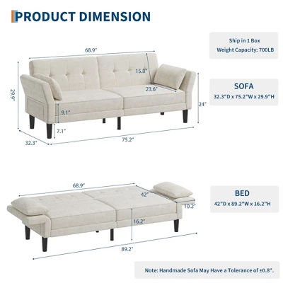 89" Futon Sofa Bed, Modern Convertible Sleeper Couch With Adjustable Backrest & Armrest, Comfy Futon Couch Bed With 2 Pillows 1 89" Futon Sofa Bed, Modern Convertible Sleeper Couch With Adjustable Backrest & Armrest, Comfy Futon Couch Bed With 2 Pillows
