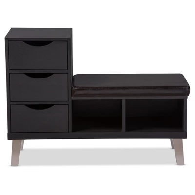 Arielle Modern And Contemporary Wood 3 - Drawer Shoe Entryway Benches With Two Open Shelves - Dark Brown - Baxton Studio 1 Arielle Modern And Contemporary Wood 3 - Drawer Shoe Entryway Benches With Two Open Shelves - Dark Brown - Baxton Studio