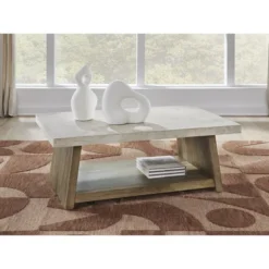 Signature Design By Ashley Brendalhouse Coffee Table - Light Brown Wood With Faux Cement Top, Rolling Casters, Bottom Shelf Storage