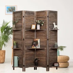 Rancho 4 Shelf Panel Folding Screen Room Partition Paulownia Wood - Proman Products -Baxton Studio Shop GUEST f7d41f25 994a 441c 94b6 8e5f522b7c1a