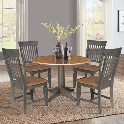 42" Round Dual Drop Leaf Dining Table With 4 Slat Back Chairs Hickory/Washed Coal - International Concepts 1 42" Round Dual Drop Leaf Dining Table With 4 Slat Back Chairs Hickory/Washed Coal - International Concepts