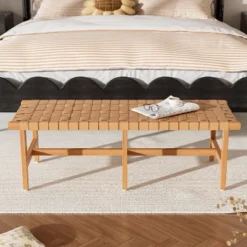 Christopher Knight Home Vladimir Contemporary Acacia Wood Bedroom Bench With Woven Faux Leather