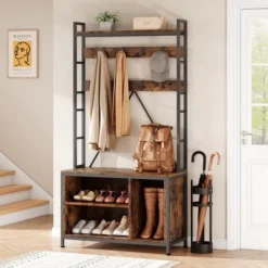 Garvee Hall Tree With Bench Coat Rack Freestanding 5 In 1 Industrial Shoe Bench With 3 Storage Cubbies And 8 Hooks Entryway Coat Rack, Brown 9 Garvee Hall Tree With Bench Coat Rack Freestanding 5 In 1 Industrial Shoe Bench With 3 Storage Cubbies And 8 Hooks Entryway Coat Rack, Brown -Baxton Studio Shop GUEST f8a6b448 31f7 4480 ba98 3a373bd7085b