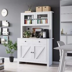 Farmhouse Pantry Cabinet, Kitchen Pantry Storage Cabinet With Microwave Stand, Rustic Buffet Sideboard With Sliding Door, Freestanding Cupboard -Baxton Studio Shop GUEST f93e8b58 7cef 49ec 94de 96b337a78632