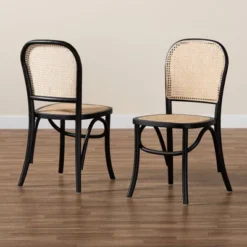 Baxton Studio 2pc Cambree Woven Rattan And Wood Cane Dining Chair Set Brown/Black: Mid-Century, Beech Frame, Polyester Upholstery -Baxton Studio Shop GUEST f999827b 6e03 42e9 af9a e8f4f1c79bec