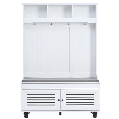 TIRAMISUBEST 5-in-1 Hall Tree With Storage Bench & 4 Hooks - Shutter Door Entryway Organizer For Coats, Shoes, Farmhouse Style, 47" 2 TIRAMISUBEST 5-in-1 Hall Tree With Storage Bench & 4 Hooks - Shutter Door Entryway Organizer For Coats, Shoes, Farmhouse Style, 47" - Image 2