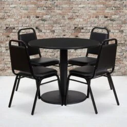 Emma And Oliver 36" Round Laminate Table Set With 4 Trapezoidal Banquet Chairs
