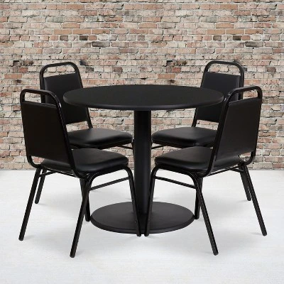 Emma And Oliver 36" Round Laminate Table Set With 4 Trapezoidal Banquet Chairs 1 Emma And Oliver 36" Round Laminate Table Set With 4 Trapezoidal Banquet Chairs