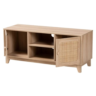 Elsbeth Wood And Natural Rattan 2 Door TV Stand For TVs Up To 40" Light Brown/Natural Brown - Baxton Studio 2 Elsbeth Wood And Natural Rattan 2 Door TV Stand For TVs Up To 40" Light Brown/Natural Brown - Baxton Studio - Image 2
