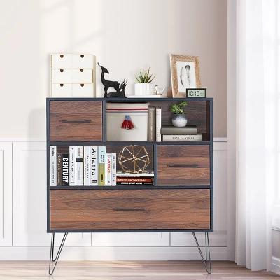 Costway Sideboard Storage Cabinet Multipurpose Display Unit W/Metal Leg & Drawers Walnut 2 Costway Sideboard Storage Cabinet Multipurpose Display Unit W/Metal Leg & Drawers Walnut - Image 2