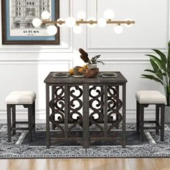 3 PCS Counter Height Wood Dining Table Set, Pub Set Foldable Table With 2 Saddle Stools-ModernLuxe