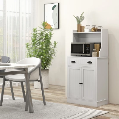 HOMCOM Microwave Cabinet With Drawer, Double Door Cabinet And Adjustable Shelf, Buffet With Hutch And Cable Hole For Kitchen, Dining Room, White 1 HOMCOM Microwave Cabinet With Drawer, Double Door Cabinet And Adjustable Shelf, Buffet With Hutch And Cable Hole For Kitchen, Dining Room, White