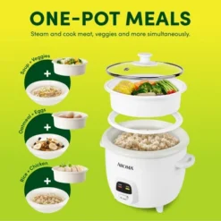 AROMA® 6-Cup Rice Cooker & Food Steamer With Bonded Granite® Nonstick Ceramic & Pop-Up Steam Tray - White Refurbished