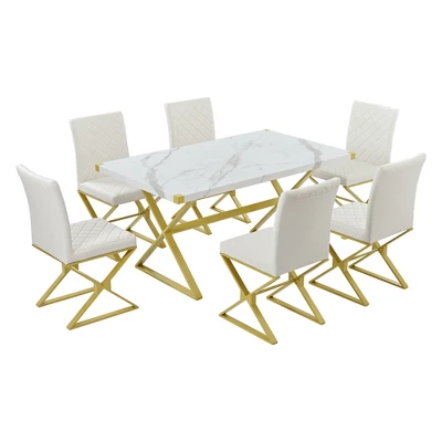 7 PCS Modern Dining Table Set, Marble Texture Kitchen Table And 6 PU Leather Chairs With X-Shaped Gold Steel Pipe Legs, White+Gold-ModernLuxe 8 7 PCS Modern Dining Table Set, Marble Texture Kitchen Table And 6 PU Leather Chairs With X-Shaped Gold Steel Pipe Legs, White+Gold-ModernLuxe - Image 8