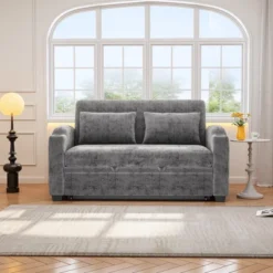 61.4" Pull Out Chenille Loveseat Sofa Bed With Adjustable Backrest, USB Ports, Cup Holders And Pillows -Baxton Studio Shop GUEST fcd94dcb 9391 4854 b118 d28b32268c31