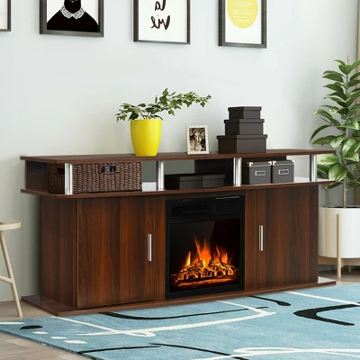 Costway 63'' Fireplace TV Stand W/18'' 1500W Electric Fireplace Up To 70'' Walnut 3 Costway 63'' Fireplace TV Stand W/18'' 1500W Electric Fireplace Up To 70'' Walnut - Image 3