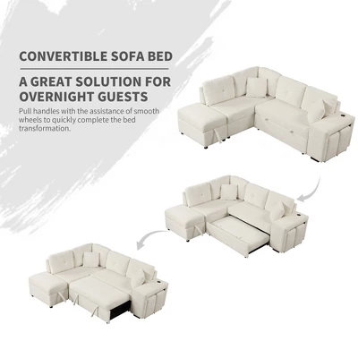 87.7" Convertible Pull Out Sleeper Sofa Bed With Storage Ottoman, 2 Stools, Wireless Charger And USB Ports 4M-ModernLuxe 3 87.7" Convertible Pull Out Sleeper Sofa Bed With Storage Ottoman, 2 Stools, Wireless Charger And USB Ports 4M-ModernLuxe - Image 3