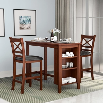 Costway 5PCS Pub Dining Table Set W/ Storage Shelves&4 Upholstered Chairs Walnut 2 Costway 5PCS Pub Dining Table Set W/ Storage Shelves&4 Upholstered Chairs Walnut - Image 2