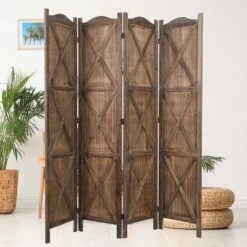 Rancho Barn 4 Panel Room Divider With Folding Screen Room Partition Paulownia Wood Brown - Proman Products -Baxton Studio Shop GUEST ff21a4a1 08bd 40f6 b38d 294cb8cedf66