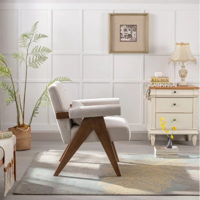 Megan 27.56" Wide Upholstered Fabric Seat And Lumbar Pillow With Walnut "V" Shape Solid Wood Legs Accent Chair With Arm Pads-The Pop Maison 2 Megan 27.56" Wide Upholstered Fabric Seat And Lumbar Pillow With Walnut "V" Shape Solid Wood Legs Accent Chair With Arm Pads-The Pop Maison - Image 2