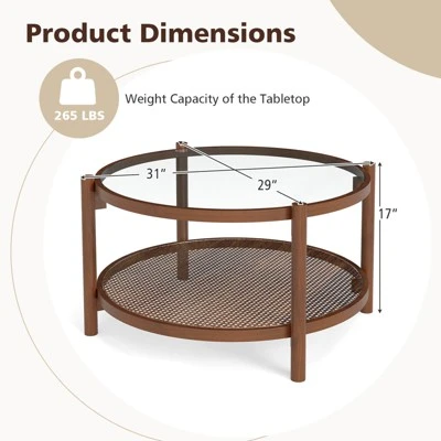 Costway Wooden 31" Round Coffee Table With Tempered Glass Top Handmade Rattan Shelf 2 Costway Wooden 31" Round Coffee Table With Tempered Glass Top Handmade Rattan Shelf - Image 2