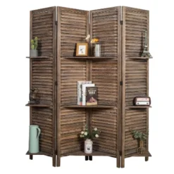 Rancho 4 Shelf Panel Folding Screen Room Partition Paulownia Wood - Proman Products
